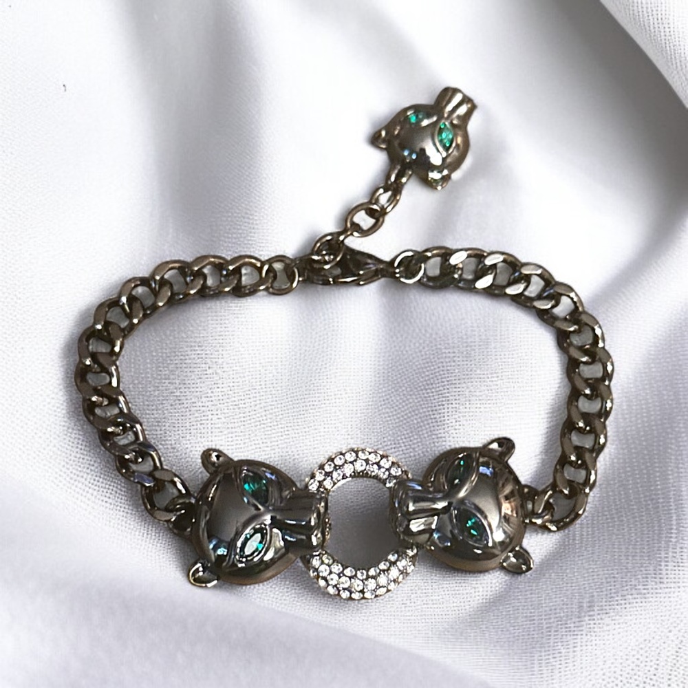 Gunmetal silver double panther head chain bracelet